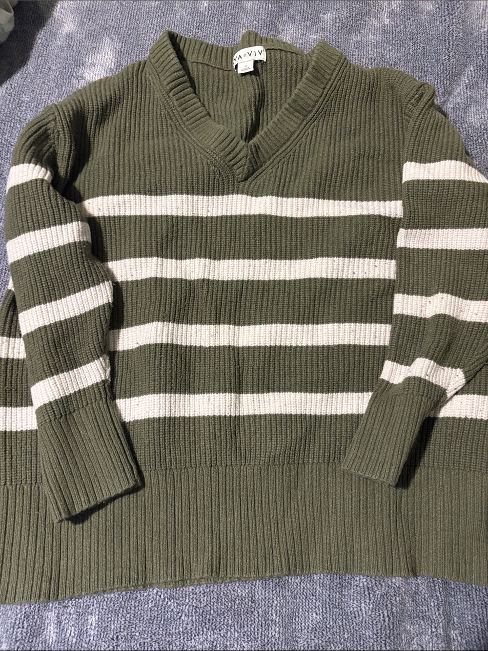 Ava & Viv Olive Green and White Striped V-Neck Sweater